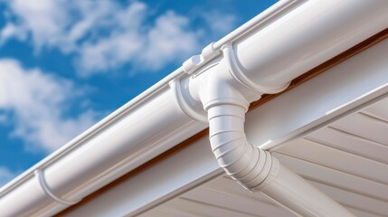 Naklejka premium White Rain Gutter System on Residential Building Against Blue Sky with Clouds Architecture