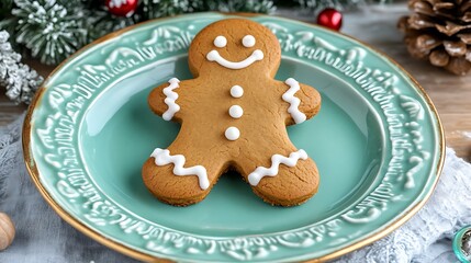 Festive Gingerbread Man Cookie on Teal Plate