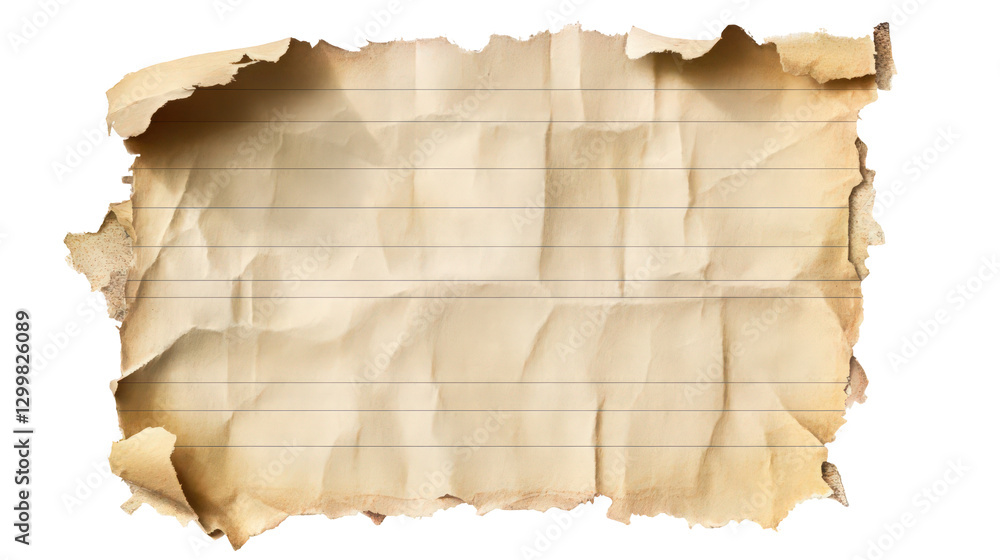 Poster fragment of old crumpled paper with torn edges and horizontal lines