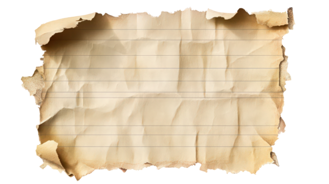 Fragment of old crumpled paper with torn edges and horizontal lines