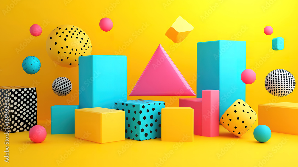 Poster abstract colorful shapes on a yellow background creating a vivid composition of geometric forms