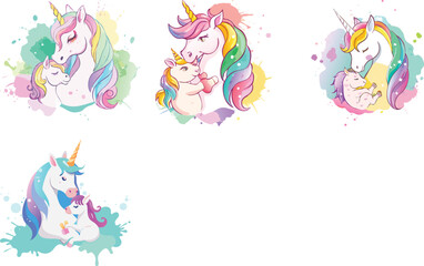 Obraz premium Mom unicorn caring her baby watercolor vector art set design 