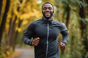 Obraz premium A joyful African-American man running in nature, listening to music on his earphones and enjoying the health benefits of outdoor exercise.