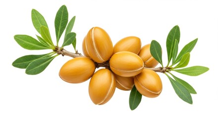 Fresh argan nuts on a argania tree branch with green leaves against a white background, showcasing natural beauty
