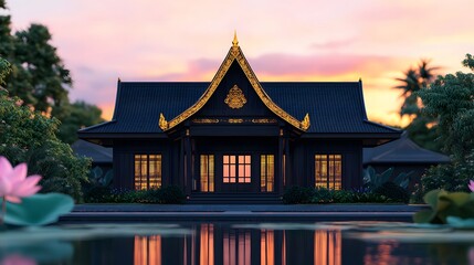 Fototapeta premium Traditional thai house at sunset architecture photography serene garden environment aesthetic viewpoint