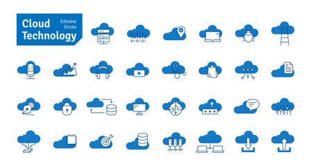 Cloud Computing Blue Line Icons Set. Cloud Infrastructure, Technology, Networking, Database, AI, Communication Icons. Editable Stroke Vector Illustration