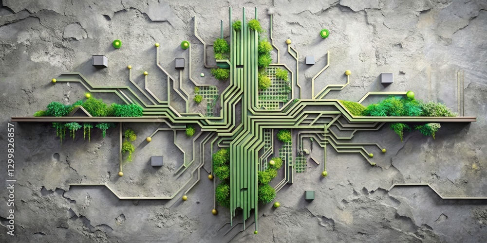 Poster long exposure circuitry: eco-friendly 3d floating objects in urban concrete