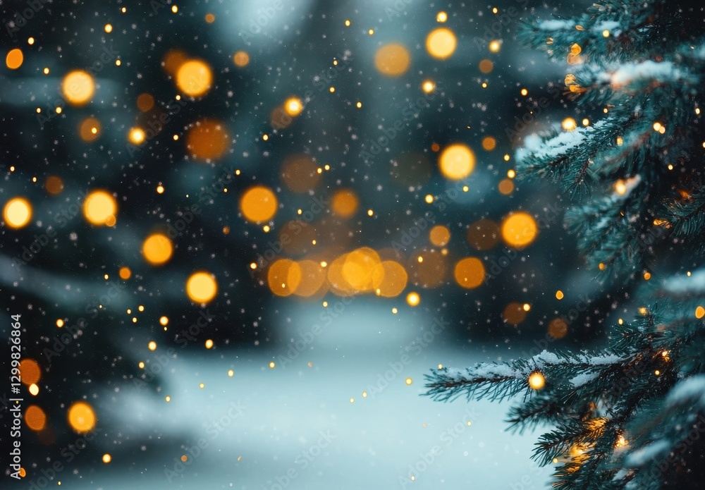 Aufkleber winter wonderland scene with snowfall and warm bokeh lights creating a cozy atmosphere in a forest s