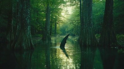 A mysterious dorsal fin slowly rising from the depths of a rainforest waterway, its shadowy presence disrupting the calm reflections of the trees