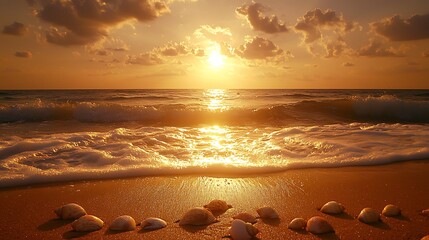 Obraz premium Golden sunset over ocean waves, seashells on beach. Vacation travel postcard