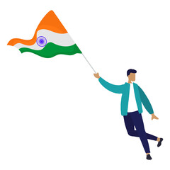 Vector illustration of a young Indian man proudly waving the Indian tricolor flag, symbolizing patriotism, unity, and national pride. Perfect for Independence Day, Republic Day, cultural events