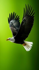 Fototapeta premium Soaring Bald Eagle Against Green Background