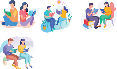 Reading men and women together watercolor vector art set design 