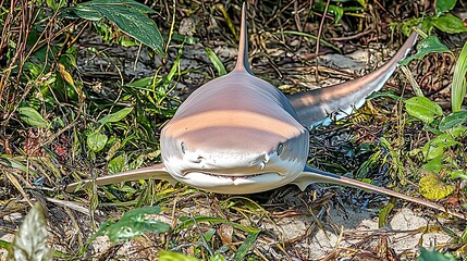 A mysterious shark appearing in the middle of a dense rainforest, its imposing presence contrasting with the lush greenery and tangled vines