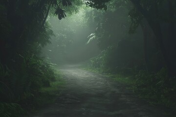 Fototapeta premium Pathway through dense jungle. Eerie fog adds mystery and depth. Use for travel, nature, or adventure
