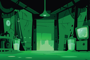 Render a detailed image of an evil scientist's lair, featuring bubbling, glowing green liquids in various glass containers and complex scientific equipment.