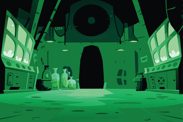 Render a detailed image of an evil scientist's lair, featuring bubbling, glowing green liquids in various glass containers, intricate machinery, and a menacing atmosphere.