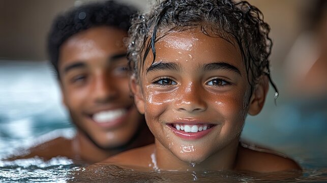 Parent teaching child to swim, encouraging expression, pool edge framing