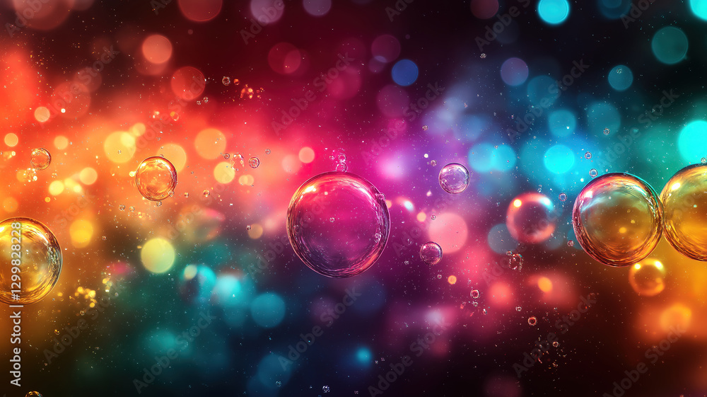 Poster abstract image of colorful bubbles floating against a dark background creating a vibrant visual effe