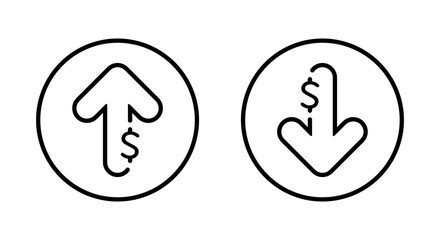 Dollar arrow up and down outline icon on circle line. Increase and decrease USD sign symbol