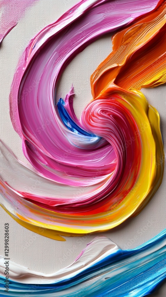 Poster vibrant acrylic paint swirls on canvas creating a colorful abstract composition of fluidity and text