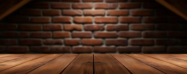 Wooden Table Surface with Rustic Brick Wall in the Background for Display Product Mockup Presentation
