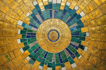 Fototapeta premium A mesmerizing mosaic artwork featuring a sunburst design in gold, teal, and blue tiles.