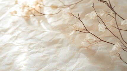 Delicate branches with translucent flowers rest on crumpled handmade Japanese washi paper, creating serene and artistic composition