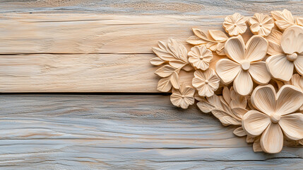 A carved wooden floral arrangement sits on a textured wooden surface, creating a rustic and natural aesthetic.