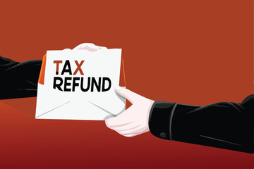 Flat design illustration A large tax refund check being delivered, showing a happy recipient, cheerful colors, and a delivery person.