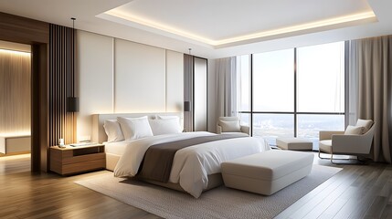 Modern apartment design plush bedding & expansive windows for bedroom bliss