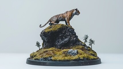 A regal tiger lounges atop a moss-covered rock, its powerful form relaxed yet alert amidst the untamed jungle backdrop