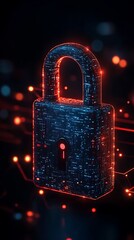 Glowing Lock Futuristic Circuitry, Dark Background