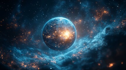 Fototapeta premium Futuristic planet glowing with city lights in a nebula.