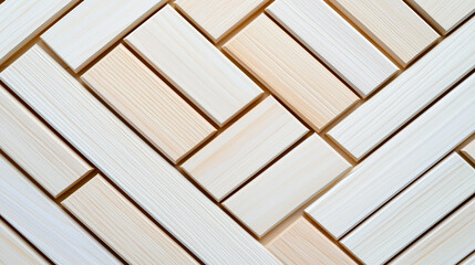 A close-up of a wooden surface featuring a herringbone pattern made up of light-colored wooden planks arranged intricately.