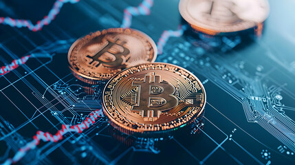 Close Up Of Golden Bitcoin Coins On Digital Circuit Board Showing Financial Growth And Technological Innovation