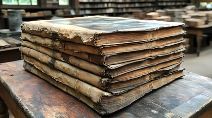 Stack of antique books on wooden table in library