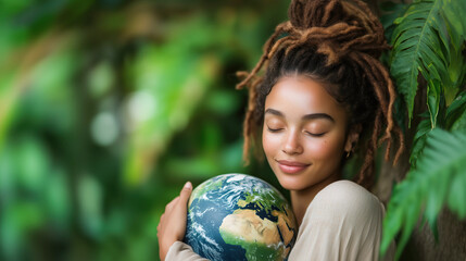 Fototapeta premium Young woman with closed eyes and dreadlocked hair holding and hugging globe or earth standing against nature background on earth day. Love and care for the planet.