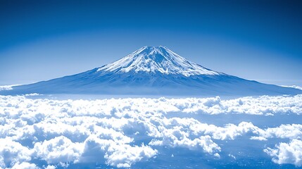 Majestic mountain peak above clouds; aerial view; travel poster