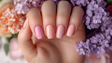 Fototapeta premium hand with pastel pink and peach nail polish is surrounded by soft, colorful flowers, creating delicate and feminine aesthetic