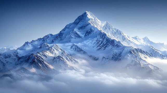 Majestic snow-capped mountain peak above clouds, Himalayan range, sunrise