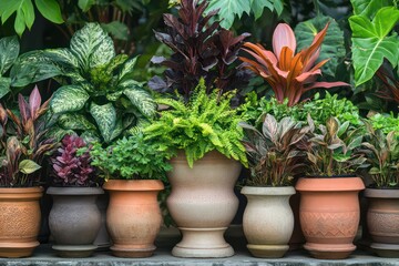 Fototapeta premium A symmetrical arrangement of multiple potted plants in varied planters, showcasing different greenery types.