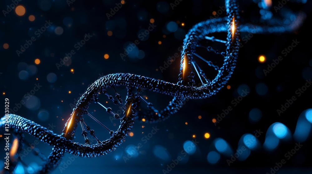 Poster spiraling double helix strand representation with molecular connections and genetic data visuals