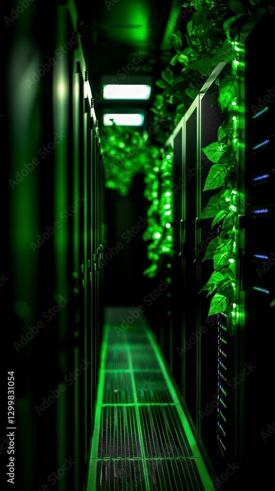 Poster sustainable data center solution with green vines integrating technology and nature for a greener fu