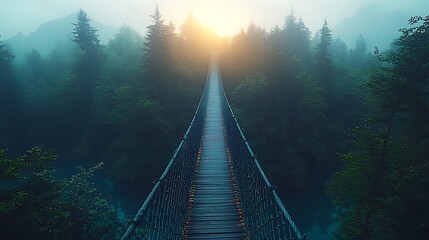 Obraz premium Misty forest suspension bridge sunrise, adventure journey