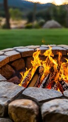 Stone Enclosure Fire Pit with Burning Logs at Twilight Outdoor Warmth and Cozy Garden Ambiance