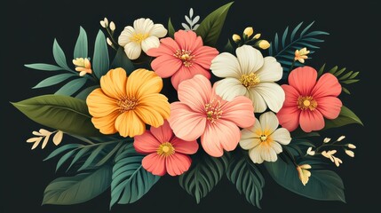 Vibrant floral bouquet with tropical leaves, various pastel colors. Ideal for wedding invitations, greeting cards, or spring themed designs.