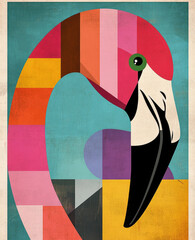 Colorful Flamingo Portrait, Geometric Style