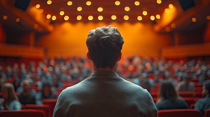 Fototapeta premium Public speaker overcoming anxiety, confident breakthrough moment
