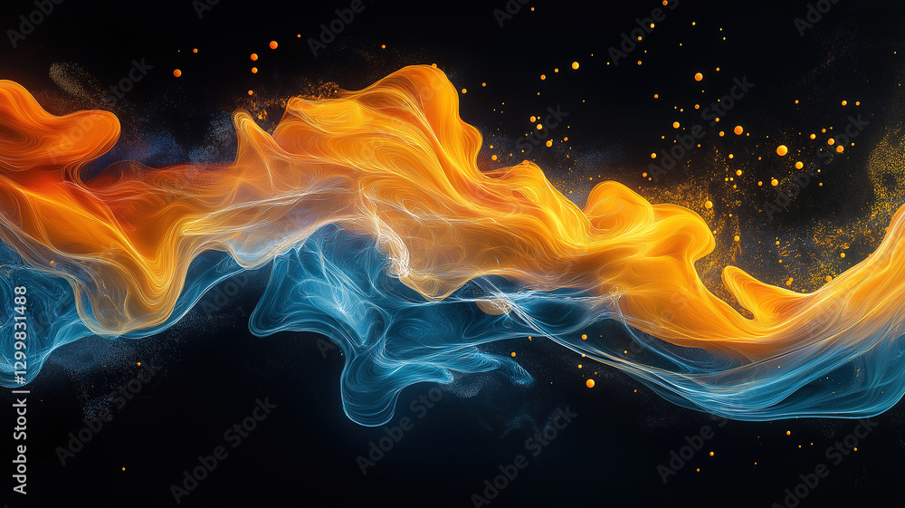 Poster abstract fluid art in yellow and blue hues creating dynamic patterns on black